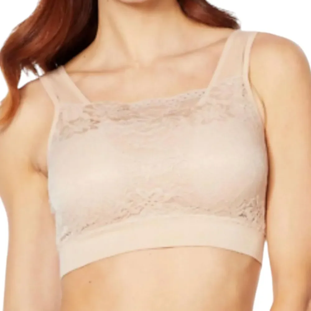 Rhonda Shear Bra Womens Large Nude Lace Overlay Wireless Padded Comfort Soft